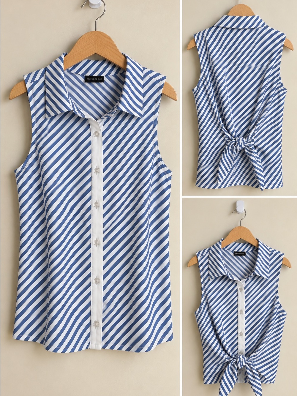 Sleeveless Blue Stripe Button-Front Tie-Back Top